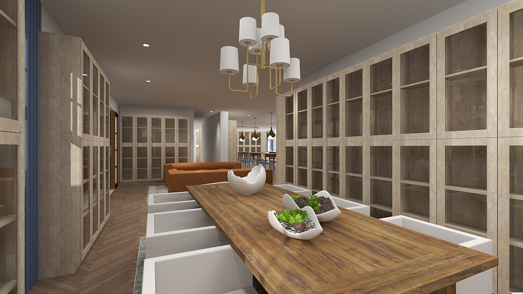 distill interior photo of long table and couches